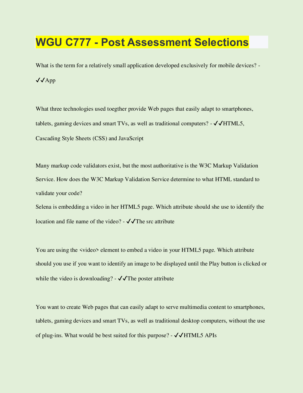 Preview of WGU C777 - Post Assessment Selections | 88 Questions with 100% Correct Answers | Verified